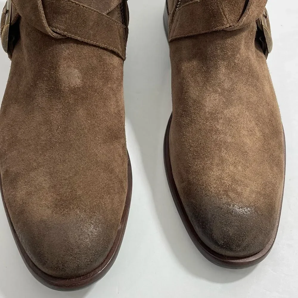 John Varvatos Taupe Brown Suede Double-Buckle Ankle Boots